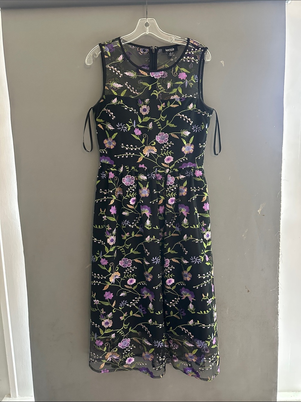 kensie Black Midi Dress with Purple Floral Embroidery